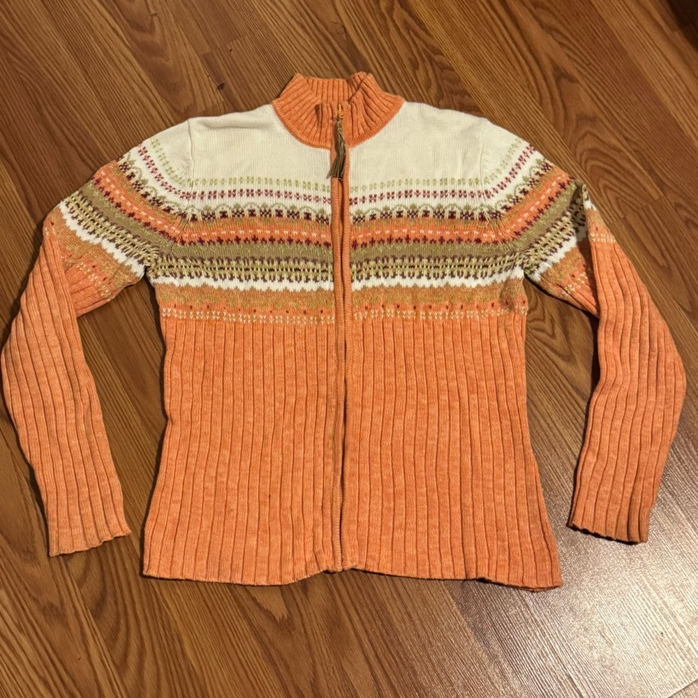 Tiara‎ Orange Cream Fair Isle Women's Zip Up Cardigan Sweater Size M Vintage Y2k